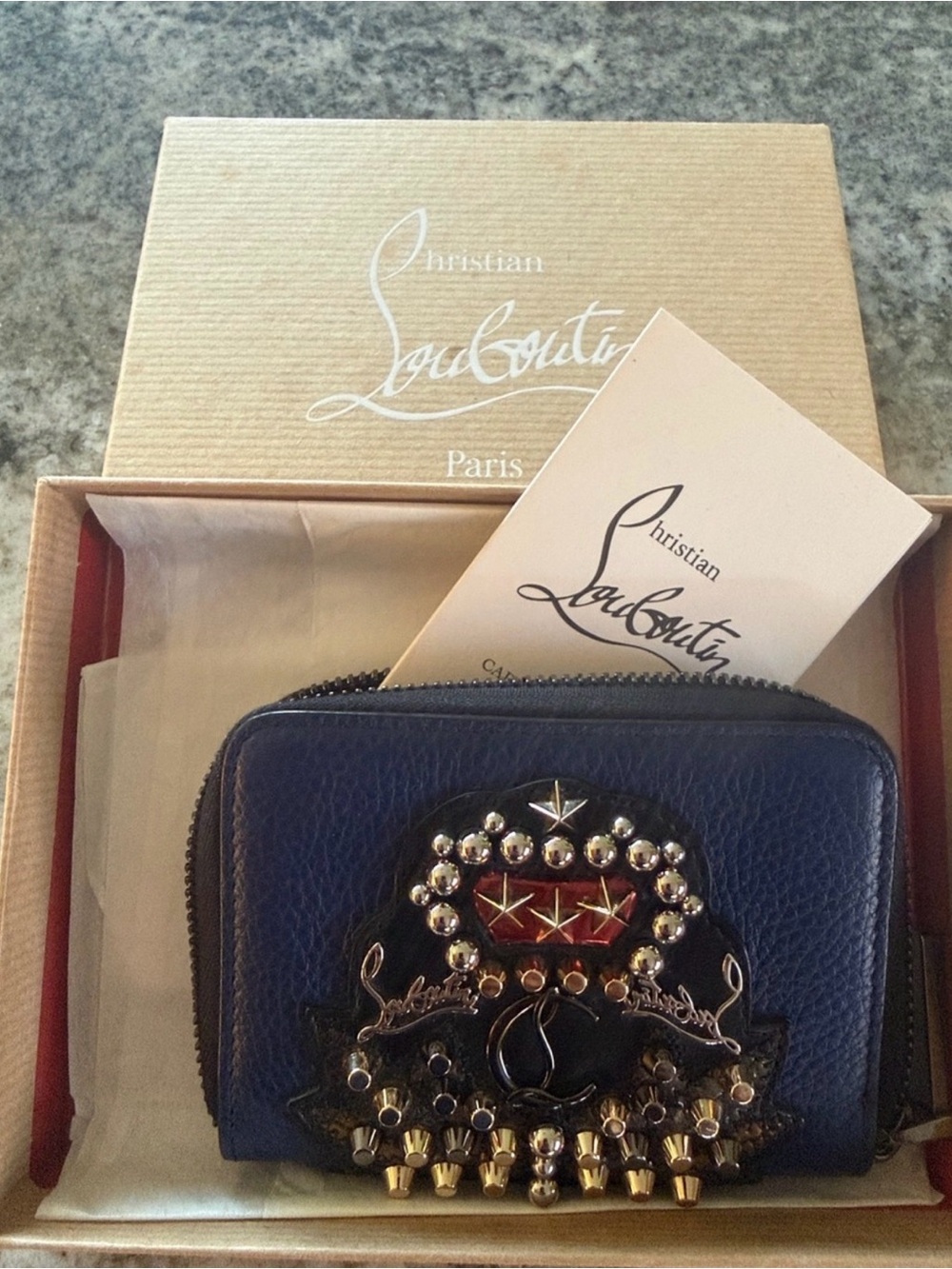 Christian Louboutin Navy Blue Leather Studded Zip Wallet Full Inclusion